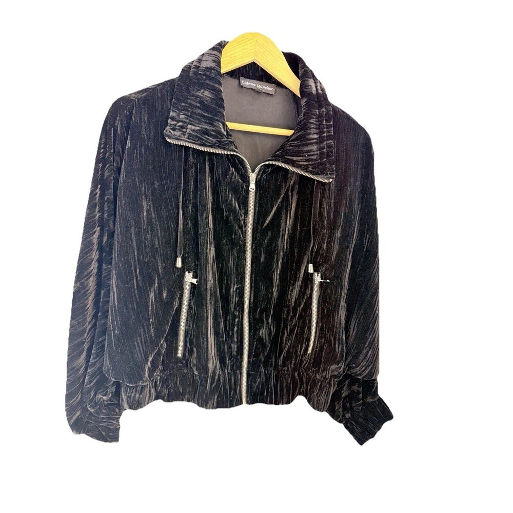 Catherine Malandrino Women Jacket M Black Crushed Velvet Moto Full Zip